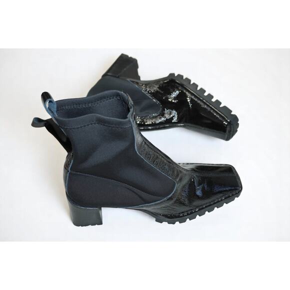 Black Patent Sock Ankle Boots Womens 7 Made in Spain Lug Sole Square Toe Stretch - Picture 2 of 9
